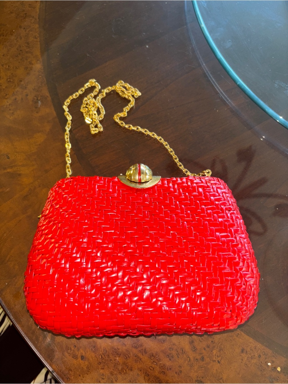 Rodo Italy Vintage Red Wicker Clutch Purse With Gold Chain - Picture 9 of 10